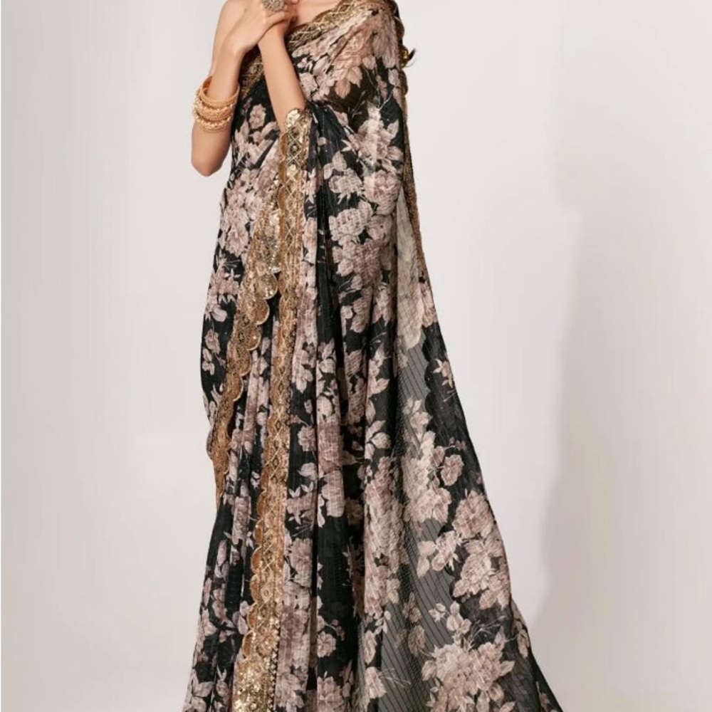 Elegant Floral Black and Cream Saree